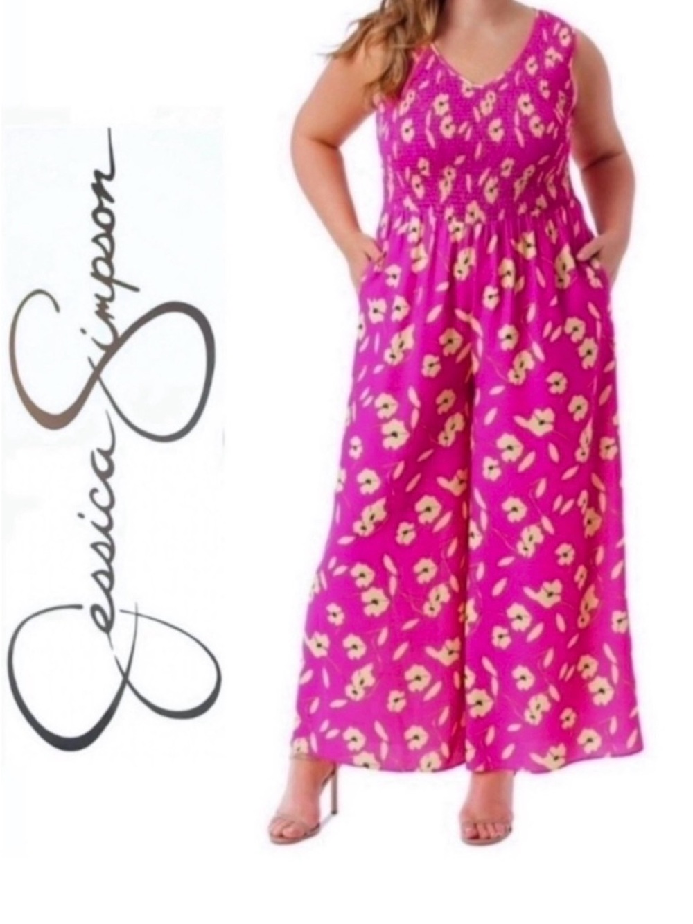 Jessica Simpson Rose Violet Wide Leg Smock Top Jumpsuit 2X, 3X